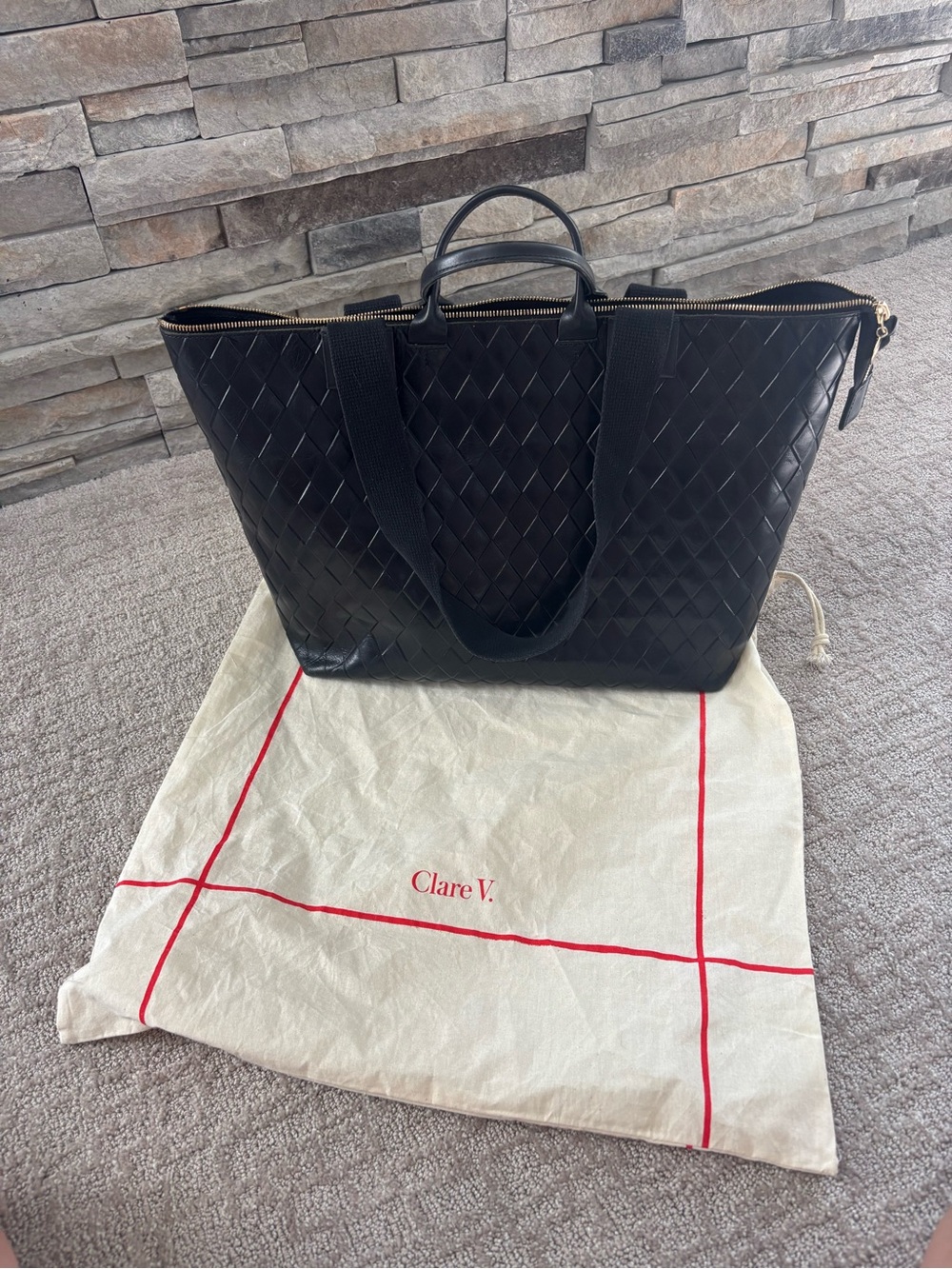 Clare V - Le Zip Sac - Black Diamond Leather Tote with Top Handles
